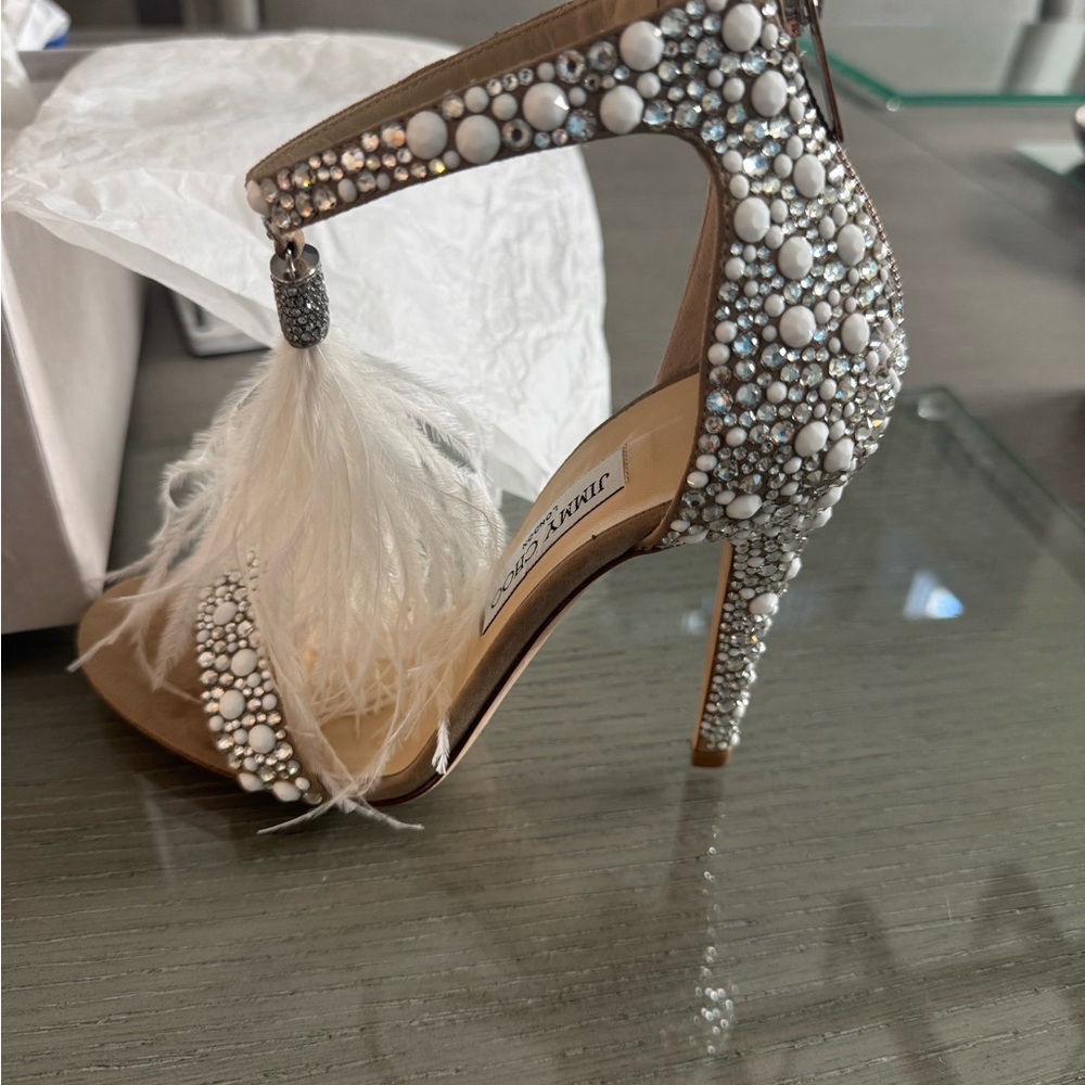Jimmy Choo Viola 110 Crystal Ostrich Feather Tassel Wedding Sandals EU 37.5 - Picture 4 of 8